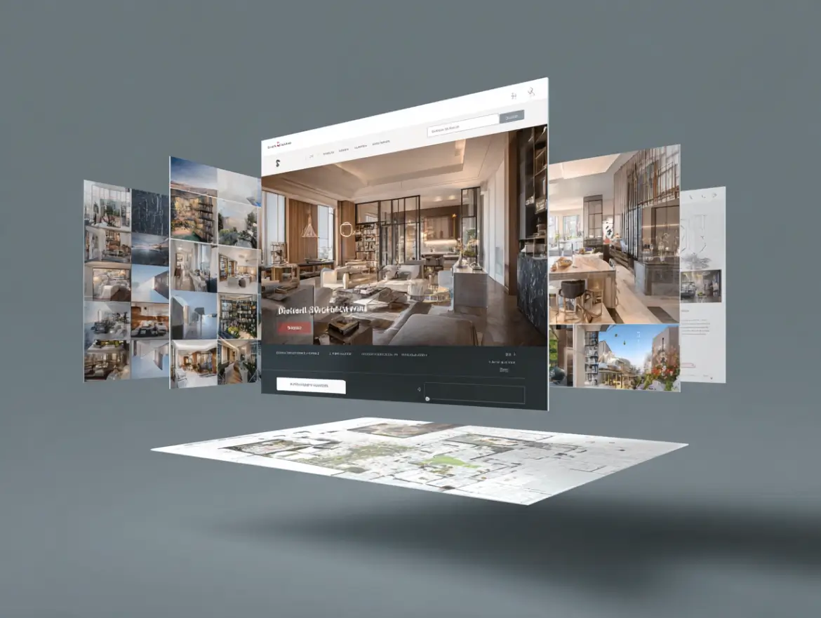 Ficha de un inmueble en una web inmobiliaria moderna, con tour virtual y mapa.
