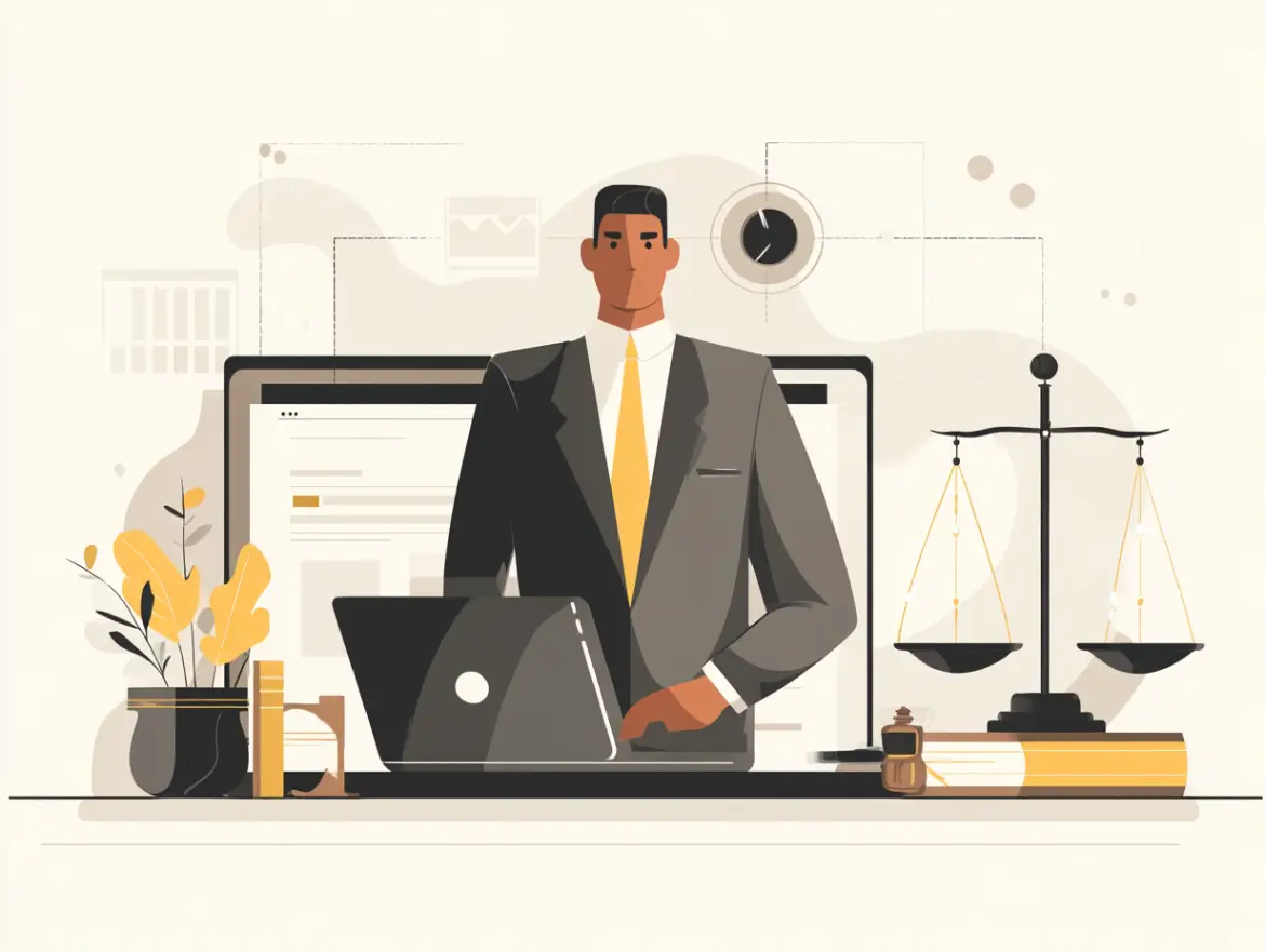 Abogado en su despacho, habiendo atraído un caso de alto valor gracias al SEO y un diseño web profesional.