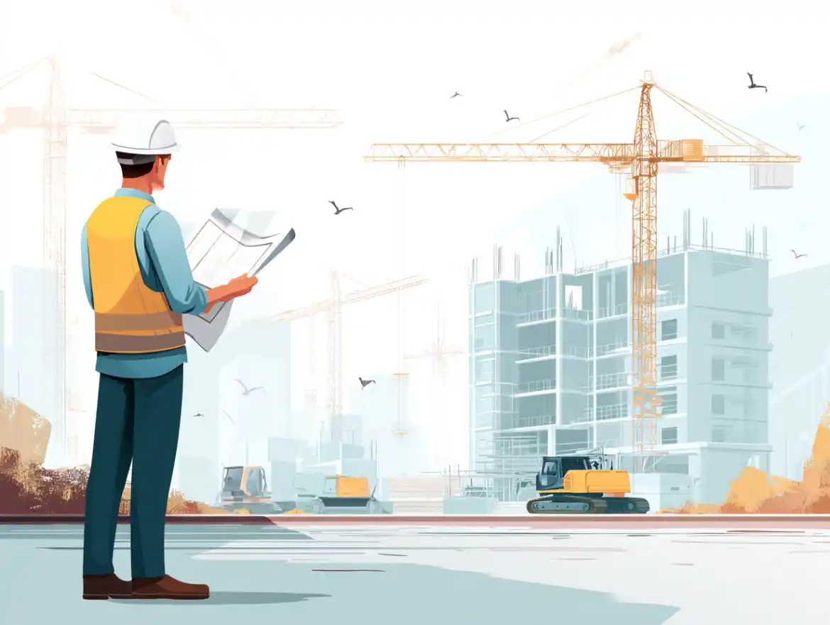 Arquitecto y jefe de obra revisando planos en una obra, representando el diseño web para empresas de construcción.