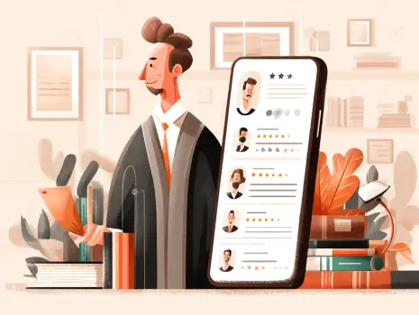 Móvil mostrando un perfil de abogado con excelentes reseñas, clave para el marketing jurídico.