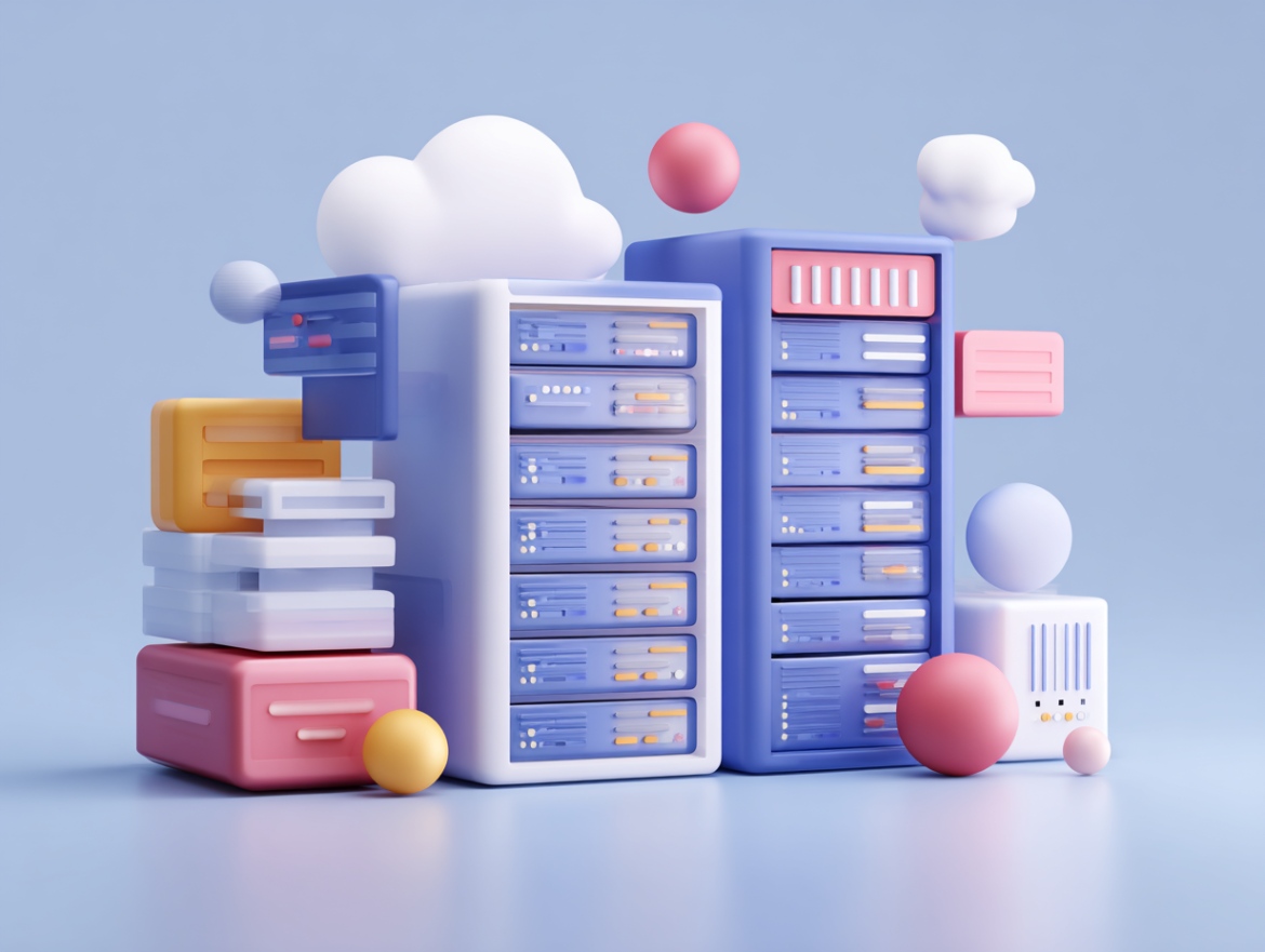 Ilustración de un servidor de hosting de alto rendimiento con discos NVMe, clave para un buen TTFB y velocidad web.