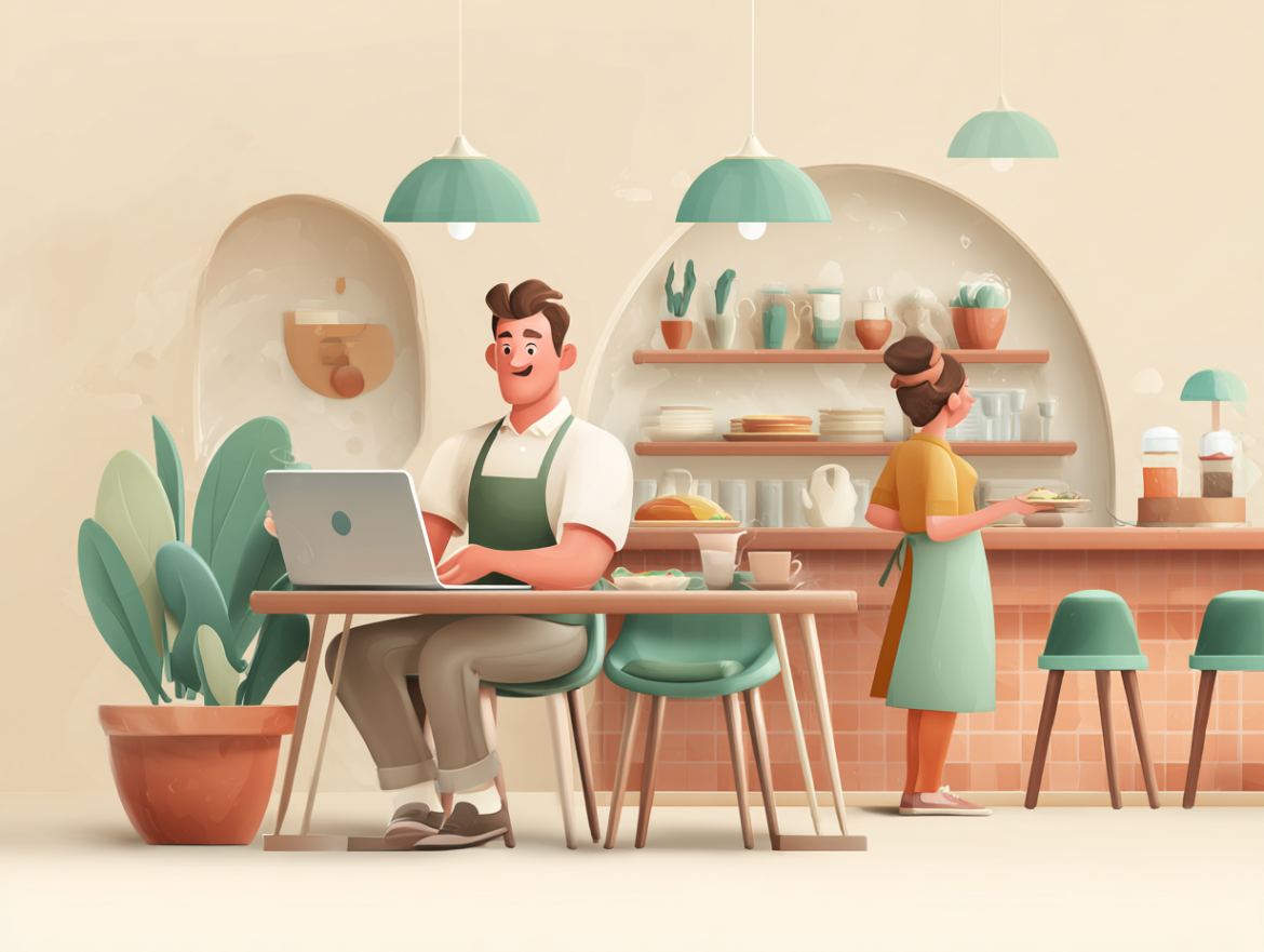 Diseño web profesional para un restaurante mostrado en un portátil, con un sistema de reservas online visible.