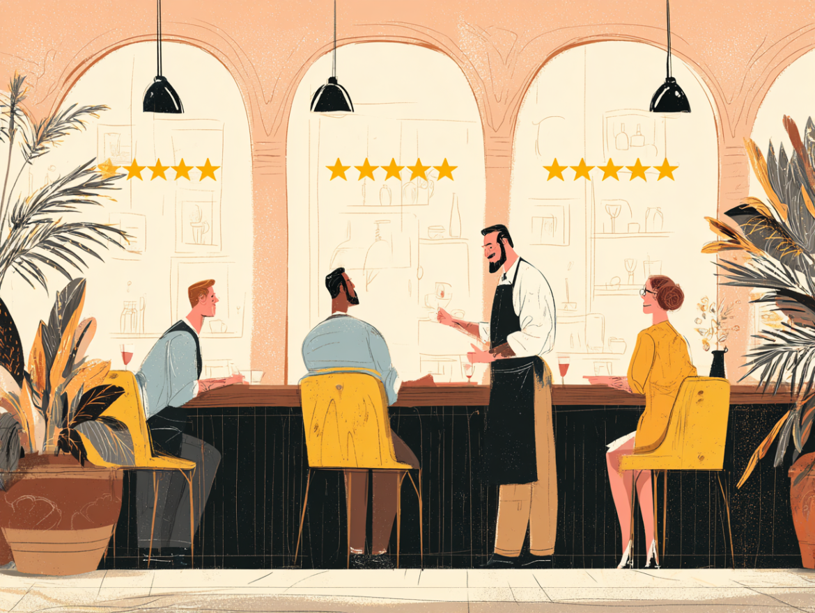 Móvil mostrando reseñas de 5 estrellas en Google, resultado de una buena gestión de la reputación online para hostelería.