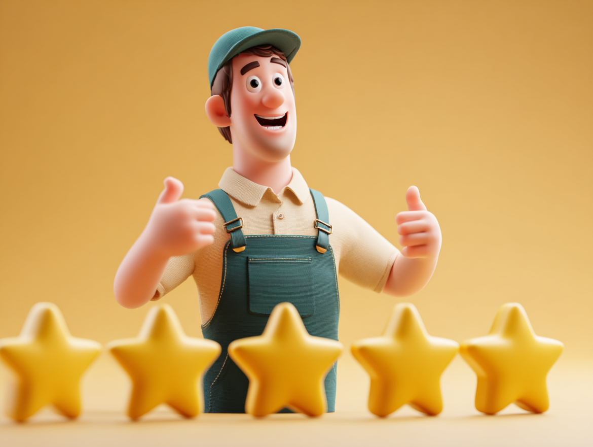 Profesional de servicios de urgencia mostrando reseñas de 5 estrellas de clientes satisfechos.