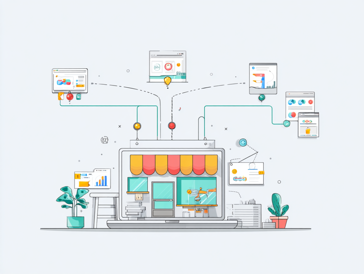 Diagrama mostrando la integración de un e-commerce B2B con un sistema ERP y un CRM.