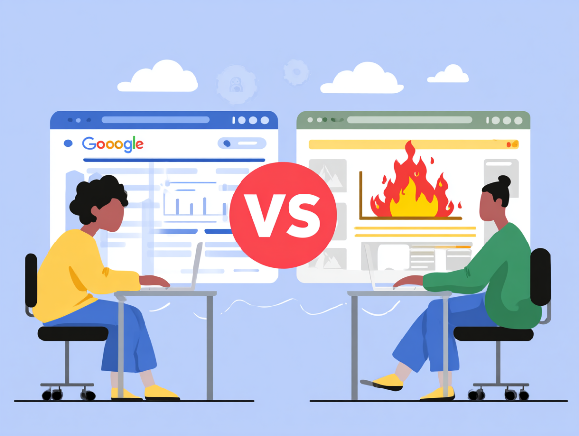 Gráfico de Google PageSpeed Insights mostrando una puntuación de +95 para un diseño web a medida frente a una puntuación de 40 para una web con plantilla.