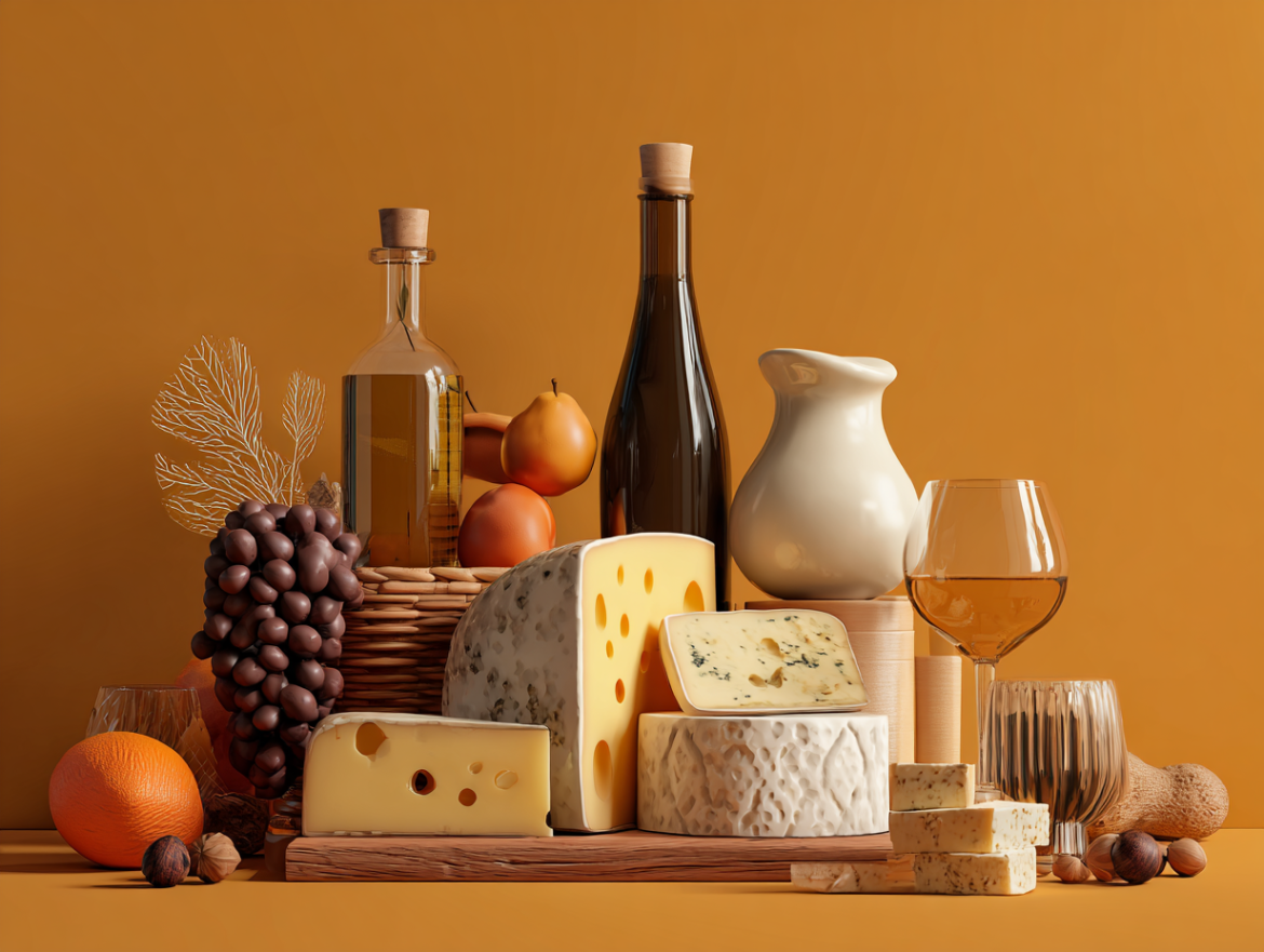 Bodegón de productos gourmet (aceite, queso, vino) representando una tienda online de alimentación artesanal.