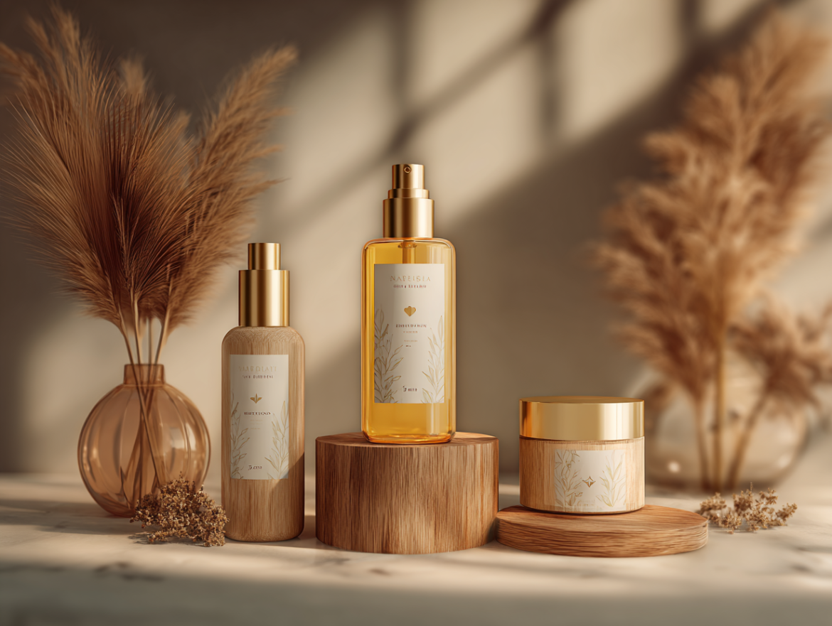 Diseño web para una marca de cosmética natural, mostrando productos de skincare en un entorno elegante.
