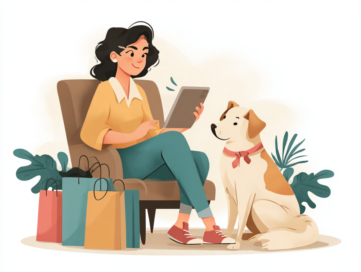 Mujer feliz comprando en una tienda online para mascotas desde su tablet junto a su perro.