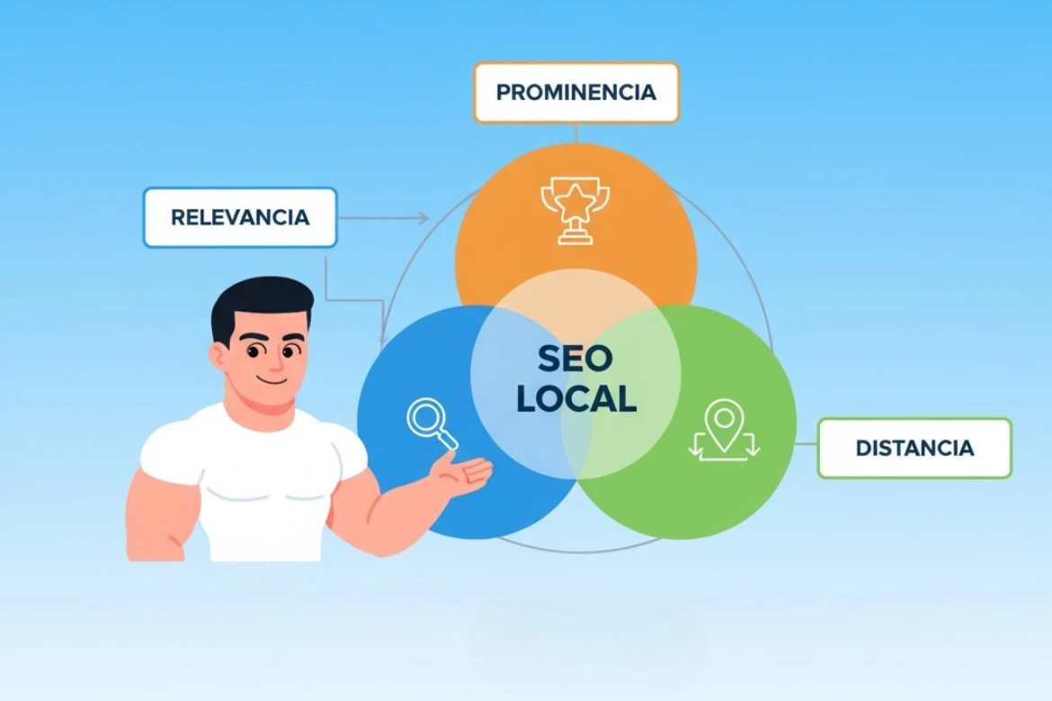 Diagrama de los 3 pilares del SEO Local: Relevancia, Distancia y Prominencia, explicado por un consultor SEO local.