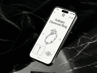 Migración WooCommerce a Medida de una tienda online de joyería de lujo con diseño minimalista y carga rápida optimizada para móvil.