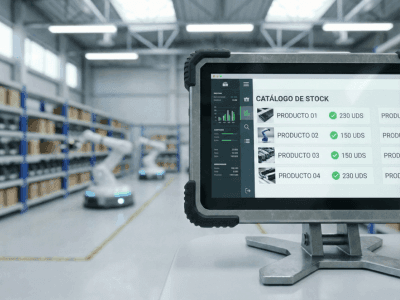 Desarrollo web Industrial que muestra un Dashboard digital B2B para suministros industriales sincronizado con ERP Navision en fábrica moderna.